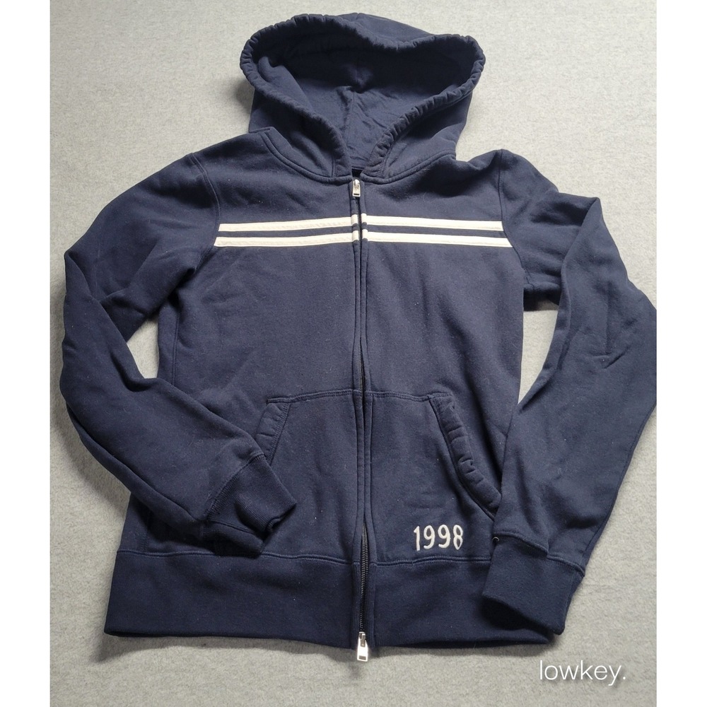 Hollister Navy Blue Zip Up Hoodie Fleece 1998 Graphic Medium Sweatshirt